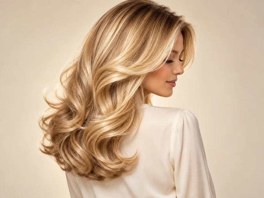 Glossy blonde hair styled in a voluminous blowout