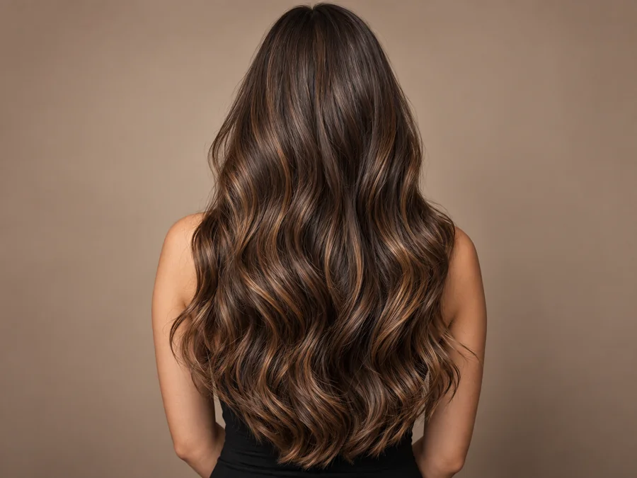 Long brunette hair with soft caramel waves